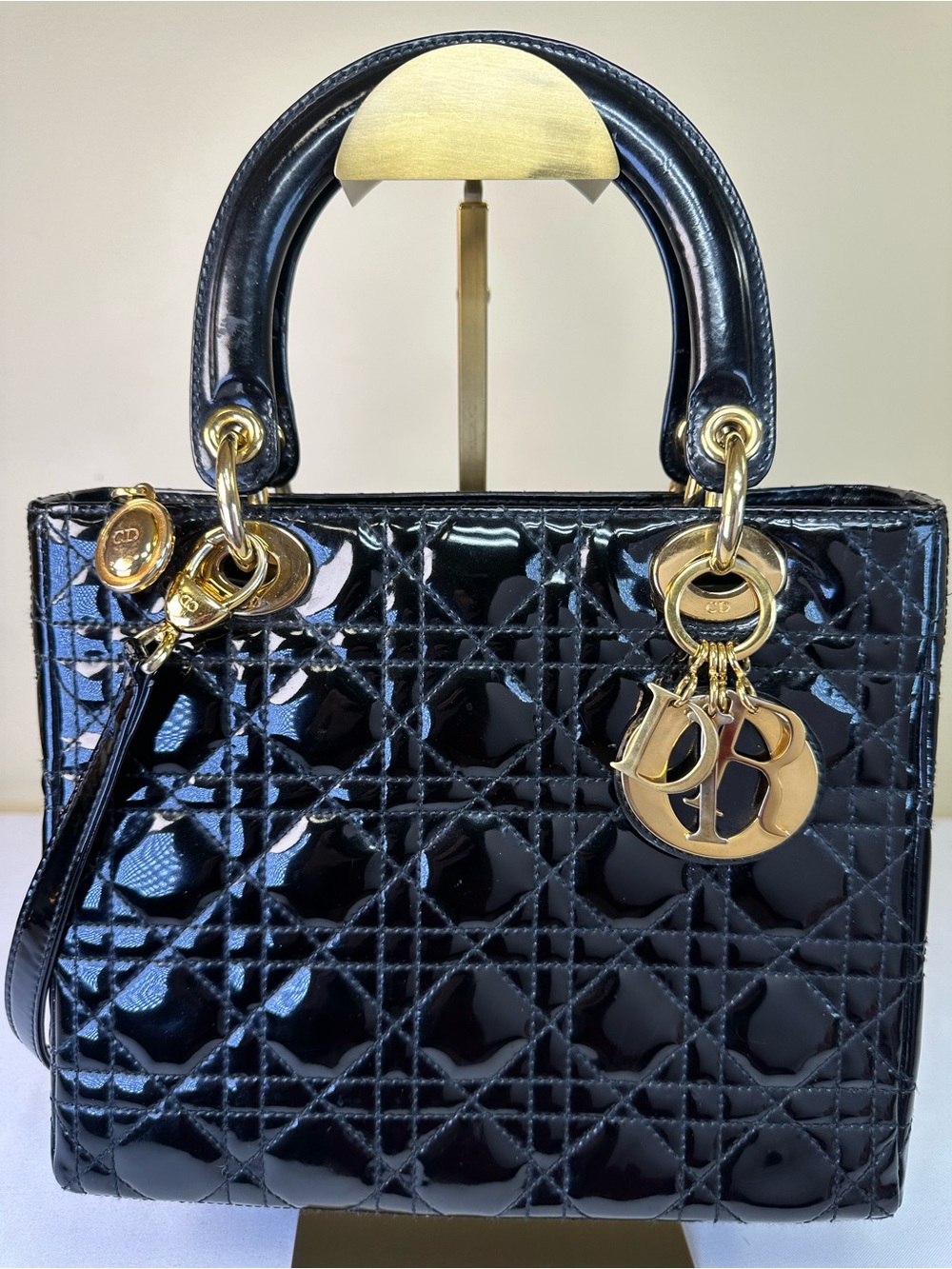 Dior Lady Dior Medium Black Patent Cannage GHW Vintage 1997 Original Strap COA